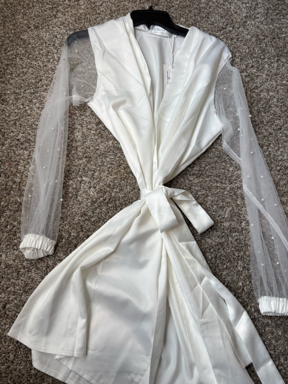Ivory Satin Wrap Dress with Pearl-Embellished Sheer Sleeves